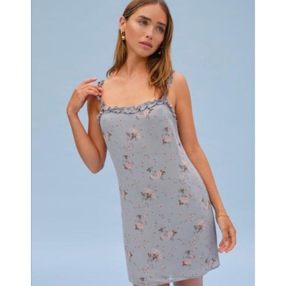 Reformation Women's Size 6 Eletta Dress Mini Sleeveless Blue Pink Floral Ruffle